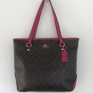 Coach City Tote Bag in Signature Coated Canvas with magenta leather accents
